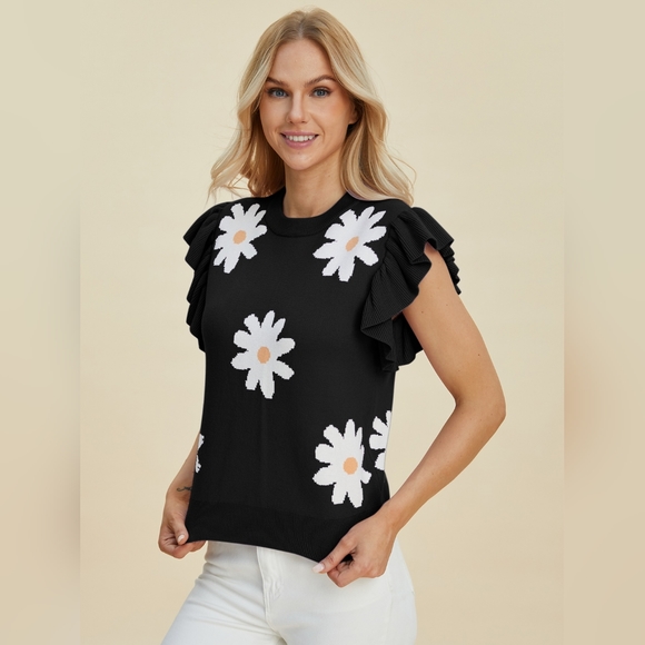 Double Take Full Size Ruffled Flower Round Neck Cap Sleeve Sweater - Picture 6 of 11